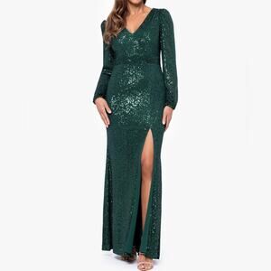 Xscape Petite “Farley” Long Sleeve V-Neck Floor Length Dress Women’s Sz 10P